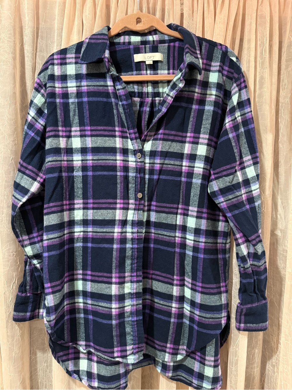 LOFT Navy Plaid Button-Down Shirt with Purple & White